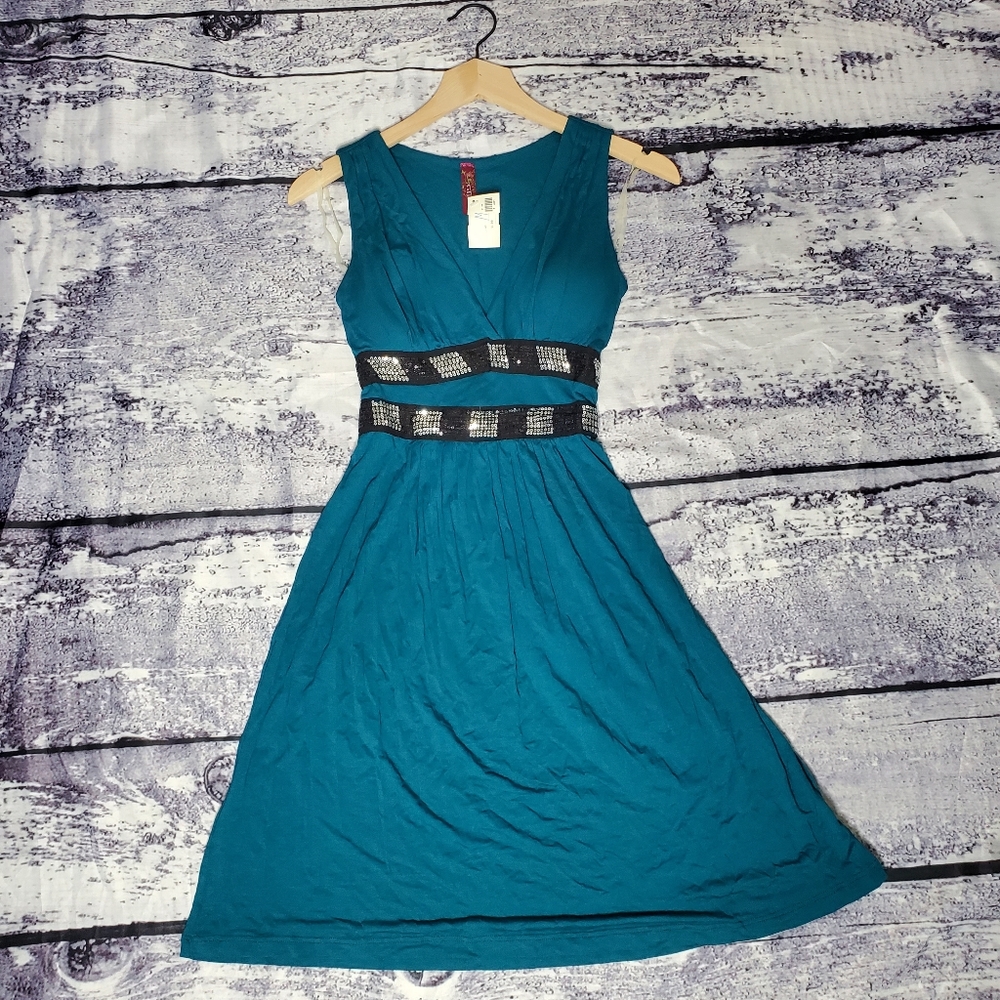 Knee Length Teal Sleeveless Sequined Dress